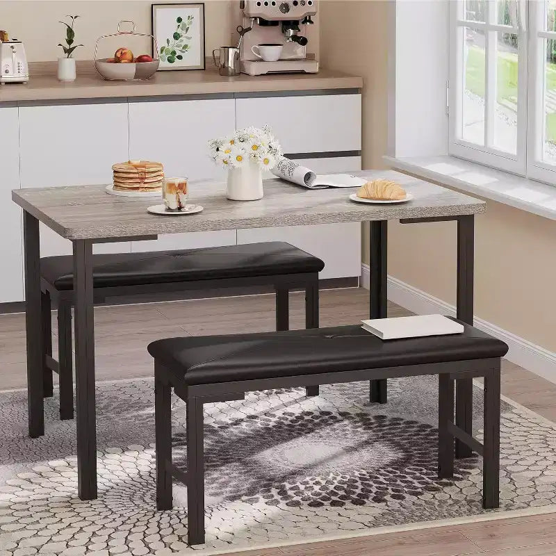 Ensemble table à manger pour 4, table de cuisine 3 pièces avec 2 bancs rembourrés, dînette peu encombrante pour salle à manger, appartement, petit espace