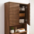 Meuble de rangement WC moderne en noyer avec étagère ouverte et 2 portes à fermeture douce, organisateur de linge mural avec étagères réglables
