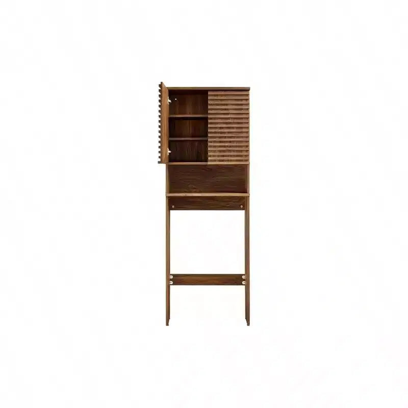 Meuble de rangement WC moderne en noyer avec étagère ouverte et 2 portes à fermeture douce, organisateur de linge mural avec étagères réglables