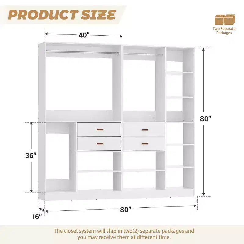 Besiost Ensemble de système d'organisation de placard de 203 cm avec tiroirs en bois, armoire autoportante avec tringle à vêtements