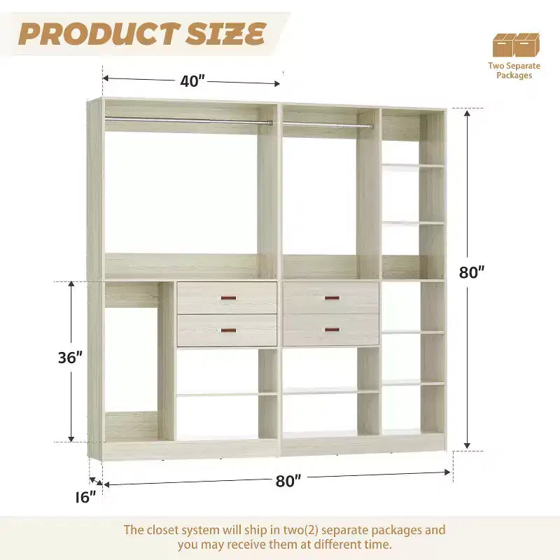 Besiost Ensemble de système d'organisation de placard de 203 cm avec tiroirs en bois, armoire autoportante avec tringle à vêtements