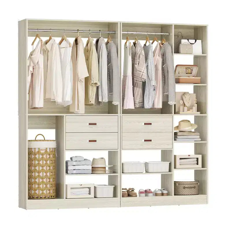 Besiost Ensemble de système d'organisation de placard de 203 cm avec tiroirs en bois, armoire autoportante avec tringle à vêtements