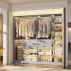 Besiost Ensemble de système d'organisation de placard de 203 cm avec tiroirs en bois, armoire autoportante avec tringle à vêtements