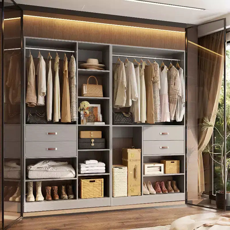 Besiost Ensemble de système d'organisation de placard de 203 cm avec tiroirs en bois, armoire autoportante avec tringle à vêtements