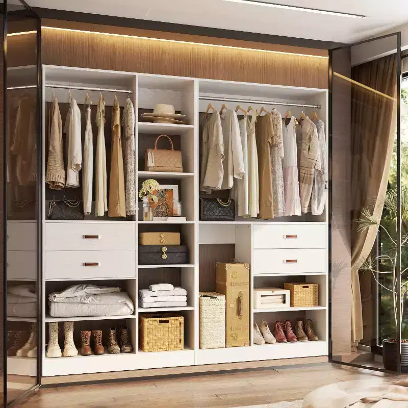 Besiost Ensemble de système d'organisation de placard de 203 cm avec tiroirs en bois, armoire autoportante avec tringle à vêtements