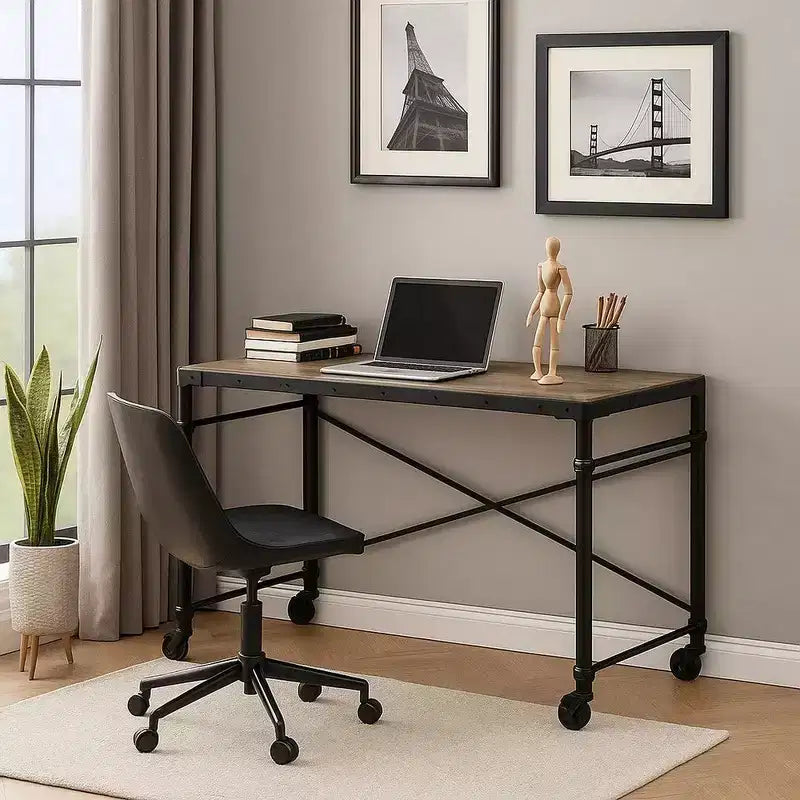 Bureau Royal Hampton avec roulettes et clous décoratifs, noir