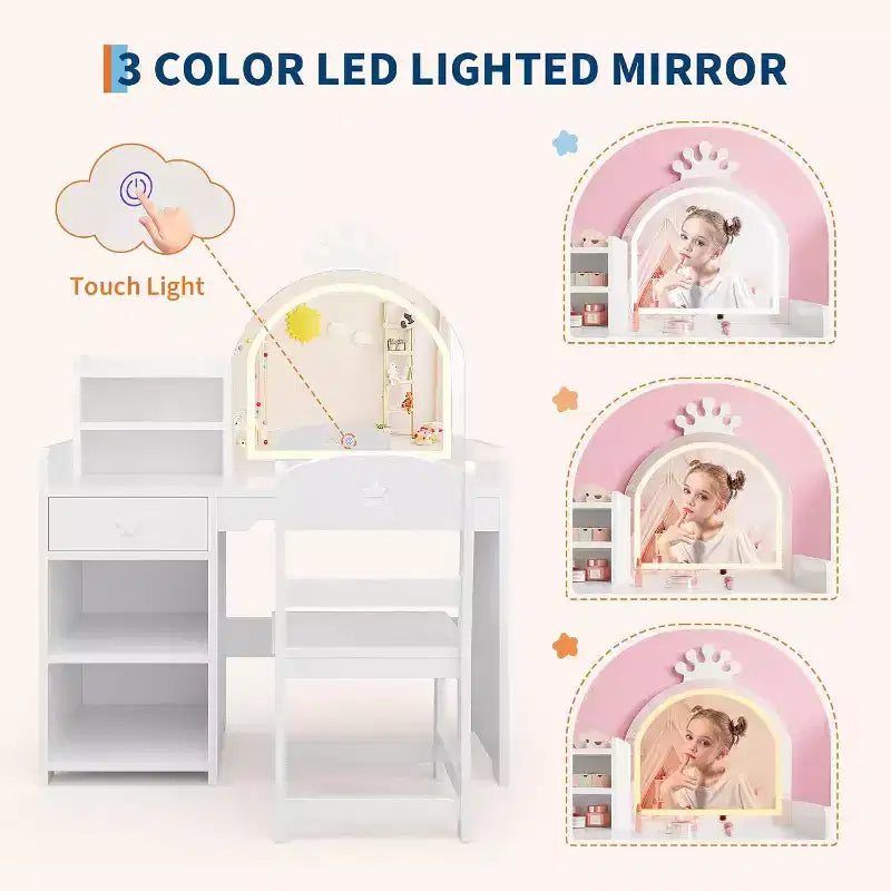 Coiffeuse 2-en-1 pour enfants avec tabouret, miroir réglable et rangement, table de maquillage pour salle de jeux pour tout-petits et petites filles, assemblage facile et design sûr