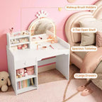 Coiffeuse 2-en-1 pour enfants avec tabouret, miroir réglable et rangement, table de maquillage pour salle de jeux pour tout-petits et petites filles, assemblage facile et design sûr