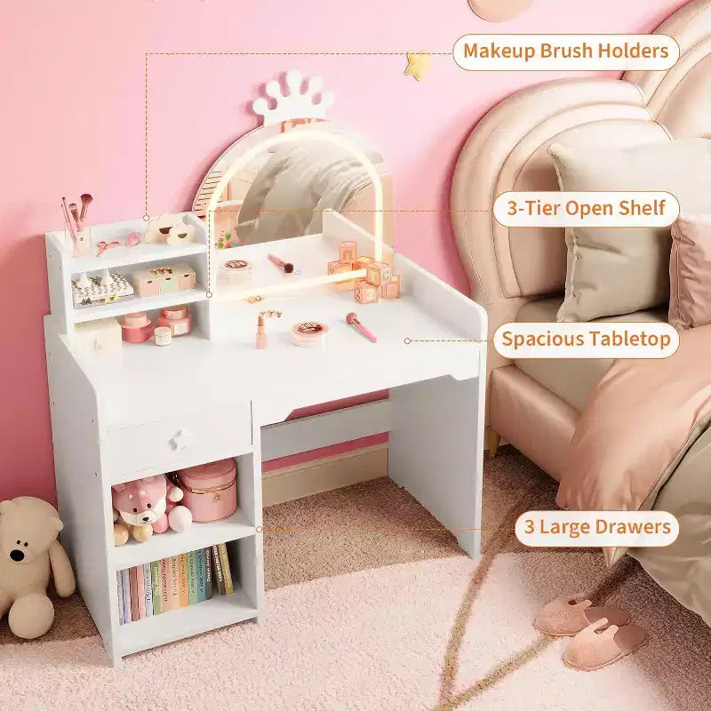 Coiffeuse 2-en-1 pour enfants avec tabouret, miroir réglable et rangement, table de maquillage pour salle de jeux pour tout-petits et petites filles, assemblage facile et design sûr