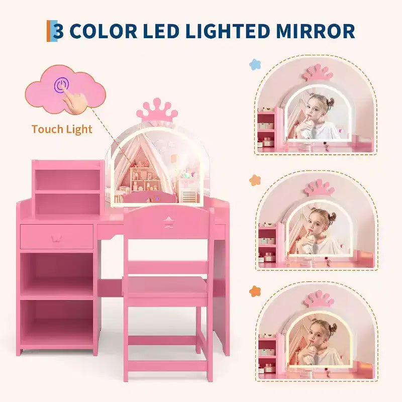 Coiffeuse 2-en-1 pour enfants avec tabouret, miroir réglable et rangement, table de maquillage pour salle de jeux pour tout-petits et petites filles, assemblage facile et design sûr