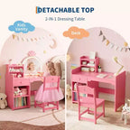 Coiffeuse 2-en-1 pour enfants avec tabouret, miroir réglable et rangement, table de maquillage pour salle de jeux pour tout-petits et petites filles, assemblage facile et design sûr