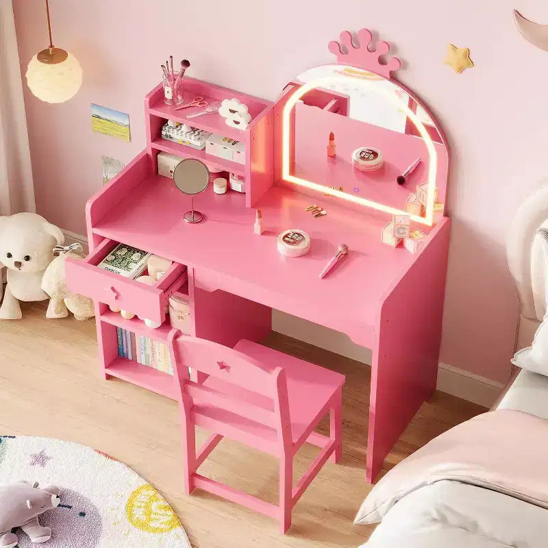Coiffeuse 2-en-1 pour enfants avec tabouret, miroir réglable et rangement, table de maquillage pour salle de jeux pour tout-petits et petites filles, assemblage facile et design sûr