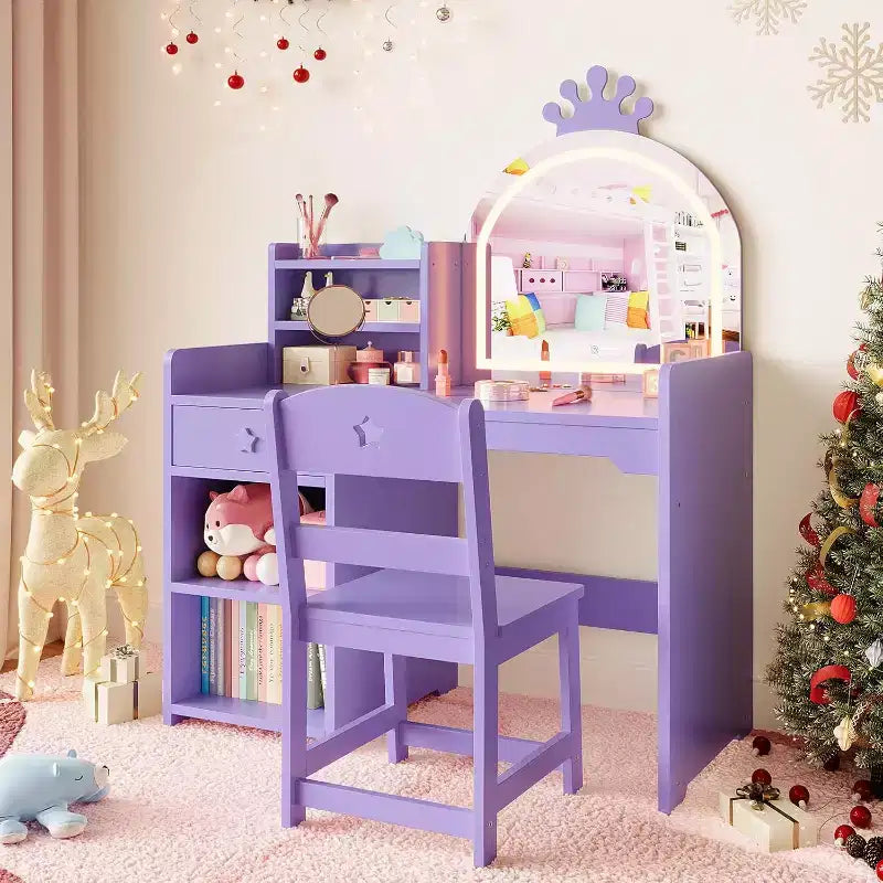 Coiffeuse 2-en-1 pour enfants avec tabouret, miroir réglable et rangement, table de maquillage pour salle de jeux pour tout-petits et petites filles, assemblage facile et design sûr
