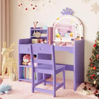 Coiffeuse 2-en-1 pour enfants avec tabouret, miroir réglable et rangement, table de maquillage pour salle de jeux pour tout-petits et petites filles, assemblage facile et design sûr