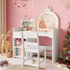 Coiffeuse 2-en-1 pour enfants avec tabouret, miroir réglable et rangement, table de maquillage pour salle de jeux pour tout-petits et petites filles, assemblage facile et design sûr
