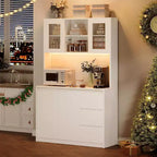 Meuble de cuisine de 180 cm de haut, armoire de rangement de cuisine avec lumières LED et prises de courant, support pour micro-ondes, porte vitrée, étagères réglables, design sans poignée
