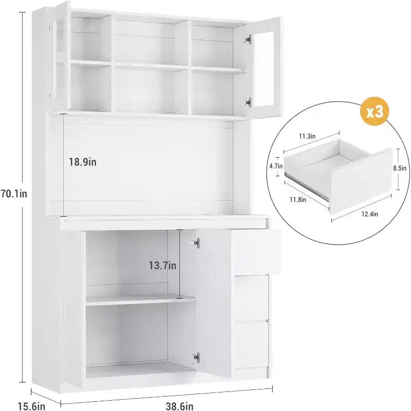 Meuble de cuisine de 180 cm de haut, armoire de rangement de cuisine avec lumières LED et prises de courant, support pour micro-ondes, porte vitrée, étagères réglables, design sans poignée