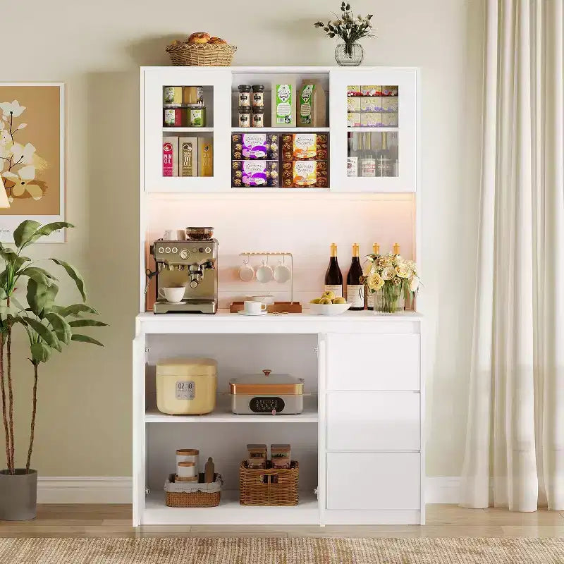 Meuble de cuisine de 180 cm de haut, armoire de rangement de cuisine avec lumières LED et prises de courant, support pour micro-ondes, porte vitrée, étagères réglables, design sans poignée