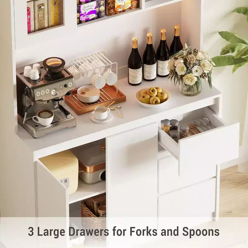 Meuble de cuisine de 180 cm de haut, armoire de rangement de cuisine avec lumières LED et prises de courant, support pour micro-ondes, porte vitrée, étagères réglables, design sans poignée