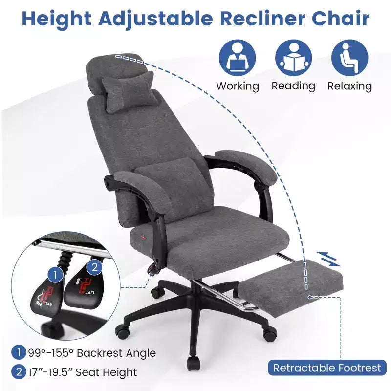 Costway Fauteuil de Bureau Inclinable avec Repose-pieds Rétractable Dossier Haut Ergonomique de Direction