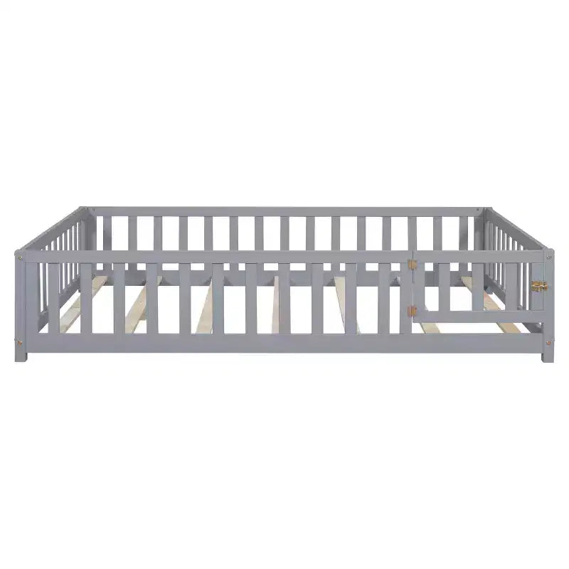 SC 1 Lit de Sol Pleine Grandeur en Contreplaqué avec Clôture et Porte pour Enfants, Cadre de Lit Montessori Gris