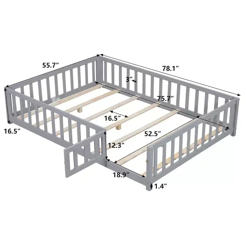 SC 1 Lit de Sol Pleine Grandeur en Contreplaqué avec Clôture et Porte pour Enfants, Cadre de Lit Montessori Gris