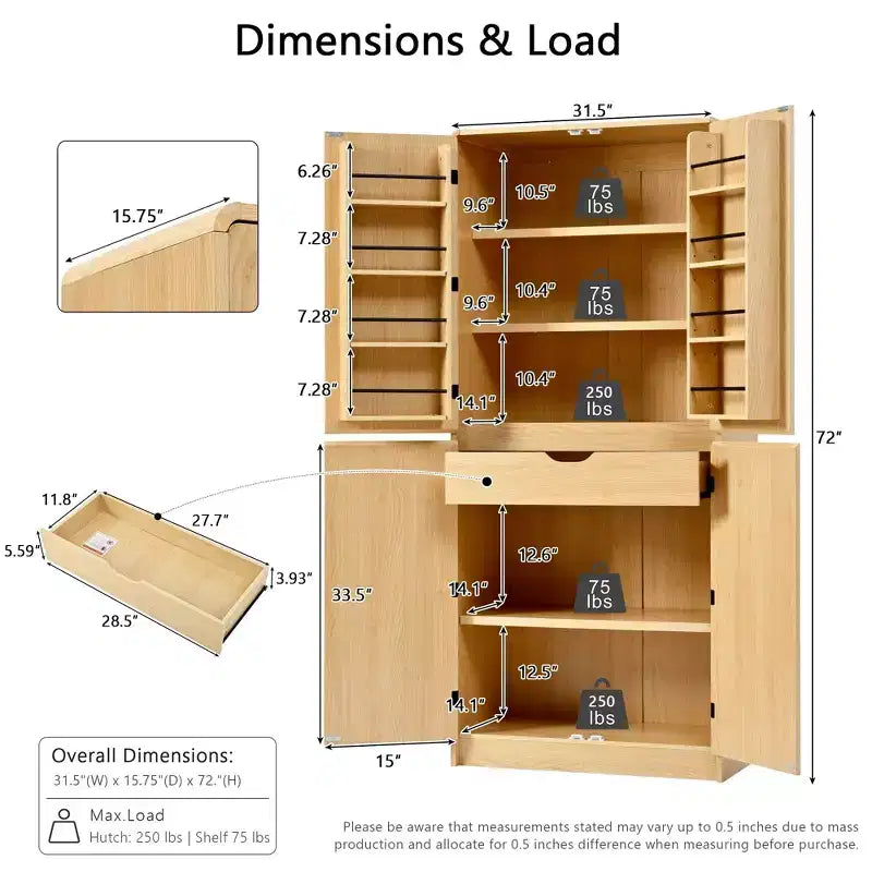 Meuble de rangement de cuisine Homy Casa 72 avec portes, étagères et tablettes réglables