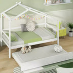 Lit cabane double Costway avec lit gigogne, toit et barrières, cadre de lit plateforme en bois