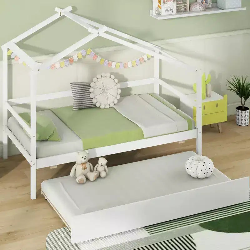 Lit cabane double Costway avec lit gigogne, toit et barrières, cadre de lit plateforme en bois