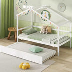 Lit cabane double Costway avec lit gigogne, toit et barrières, cadre de lit plateforme en bois