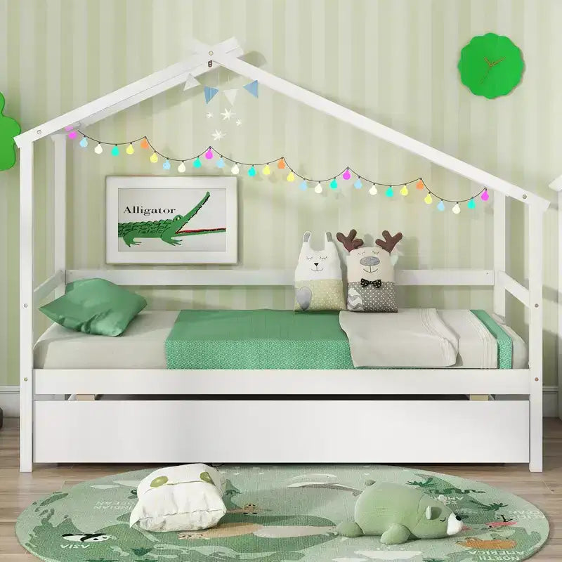 Lit cabane double Costway avec lit gigogne, toit et barrières, cadre de lit plateforme en bois