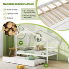 Lit cabane double Costway avec lit gigogne, toit et barrières, cadre de lit plateforme en bois