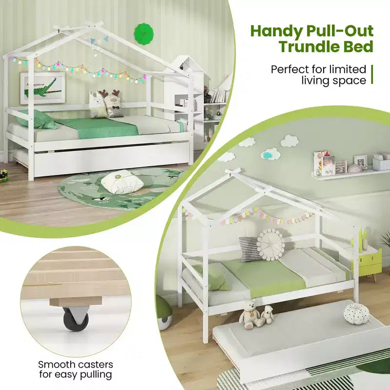 Lit cabane double Costway avec lit gigogne, toit et barrières, cadre de lit plateforme en bois