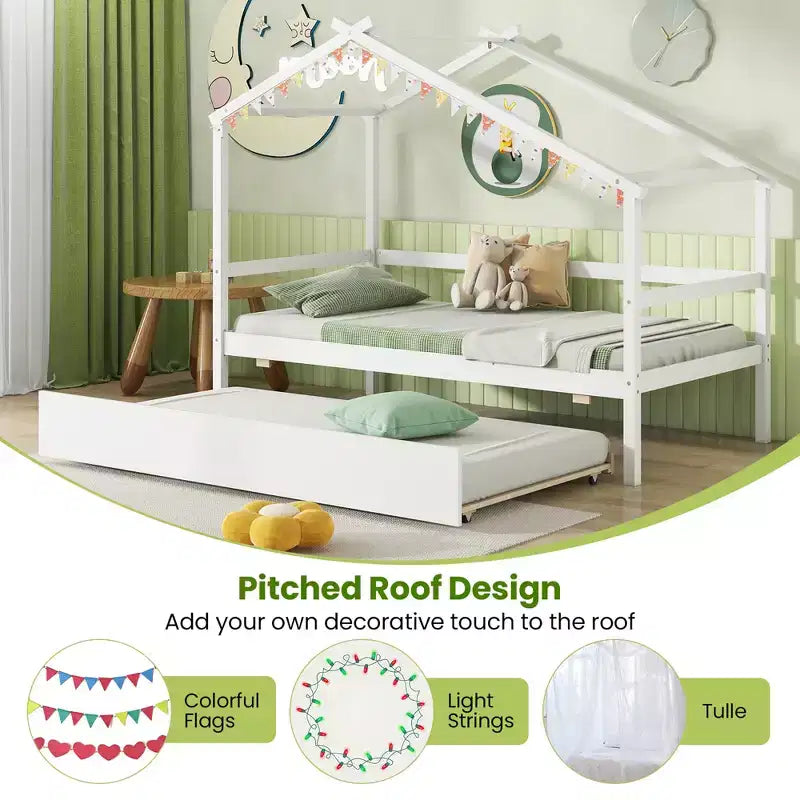 Lit cabane double Costway avec lit gigogne, toit et barrières, cadre de lit plateforme en bois