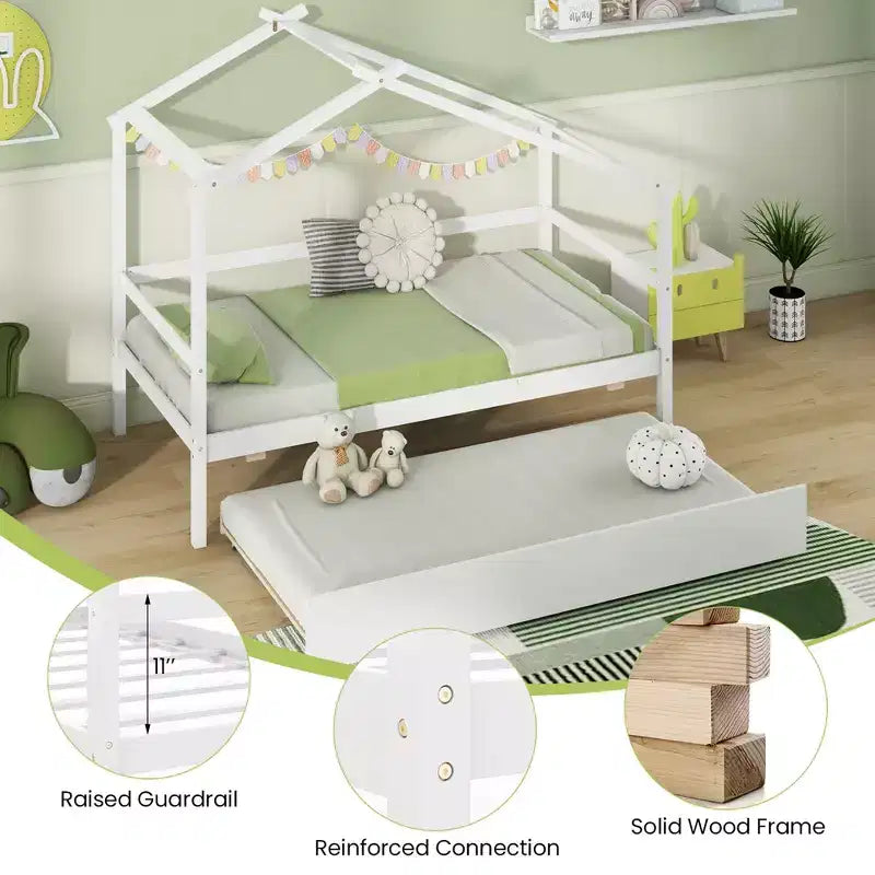 Lit cabane double Costway avec lit gigogne, toit et barrières, cadre de lit plateforme en bois