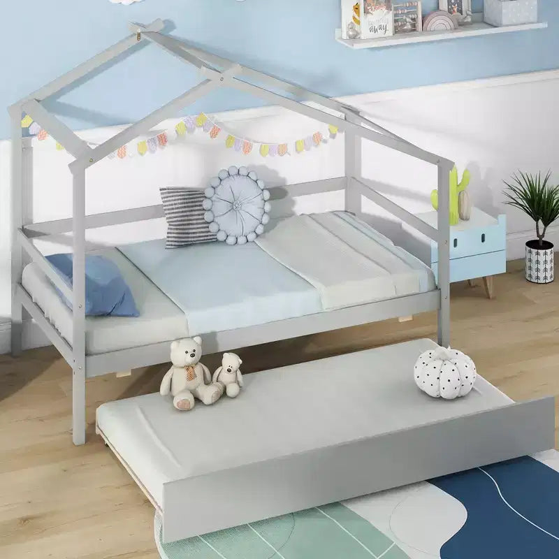 Lit cabane double Costway avec lit gigogne, toit et barrières, cadre de lit plateforme en bois