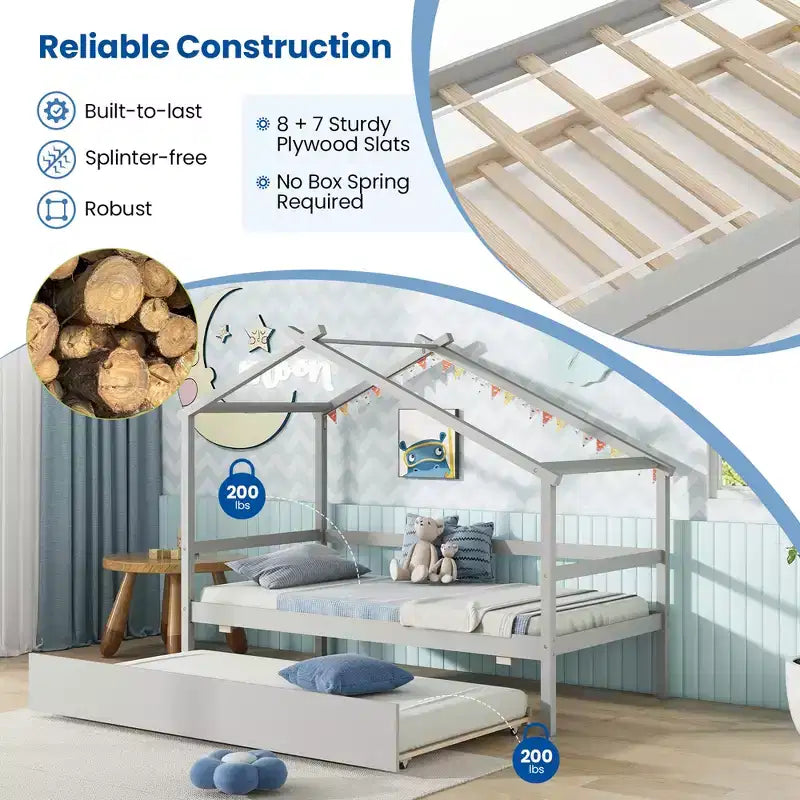 Lit cabane double Costway avec lit gigogne, toit et barrières, cadre de lit plateforme en bois