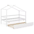 Lit cabane double Costway avec lit gigogne, toit et barrières, cadre de lit plateforme en bois