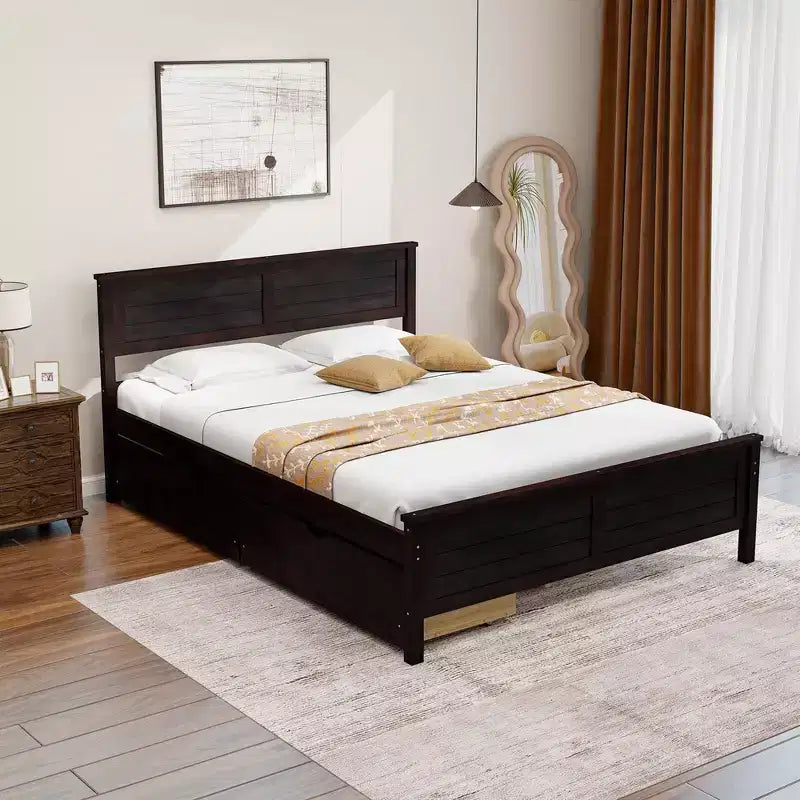 Cadre de lit double en bois Costway avec 2 tiroirs de rangement et rangement sous le lit Espresso