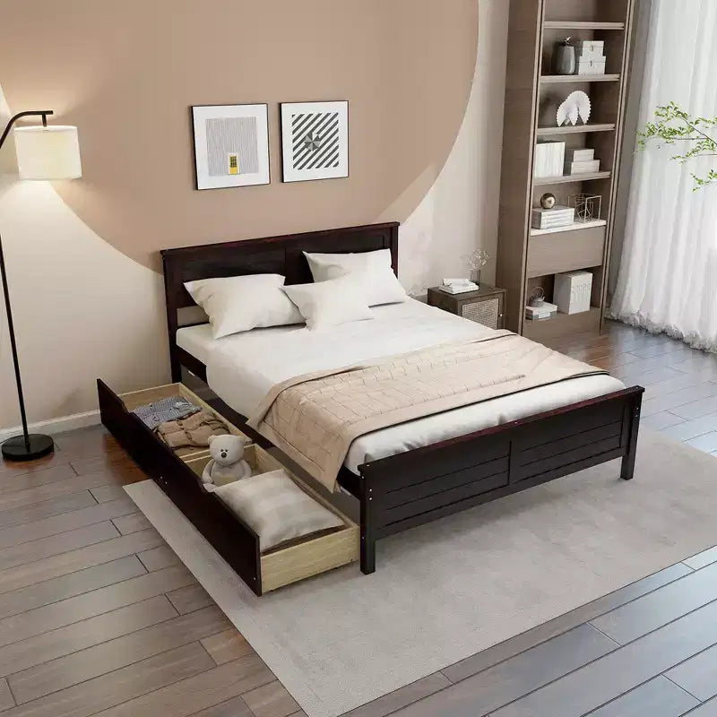 Cadre de lit double en bois Costway avec 2 tiroirs de rangement et rangement sous le lit Espresso