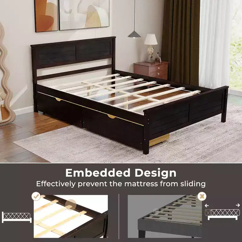 Cadre de lit double en bois Costway avec 2 tiroirs de rangement et rangement sous le lit Espresso