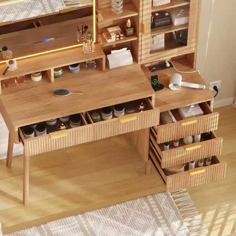 Coiffeuse de Maquillage avec Lumières et Prise de Courant, Grande Coiffeuse Moderne Cannelée avec Miroir Lumineux HD de 24 pouces, 5 Tiroirs et Étagère de Rangement