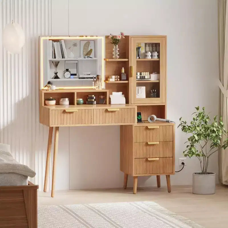 Coiffeuse de Maquillage avec Lumières et Prise de Courant, Grande Coiffeuse Moderne Cannelée avec Miroir Lumineux HD de 24 pouces, 5 Tiroirs et Étagère de Rangement