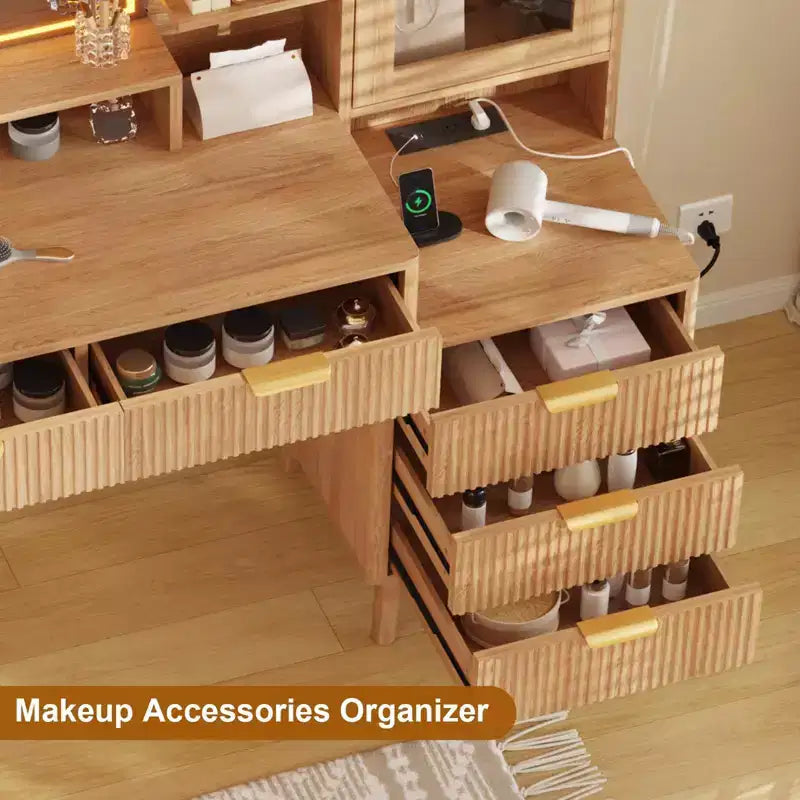 Coiffeuse de Maquillage avec Lumières et Prise de Courant, Grande Coiffeuse Moderne Cannelée avec Miroir Lumineux HD de 24 pouces, 5 Tiroirs et Étagère de Rangement