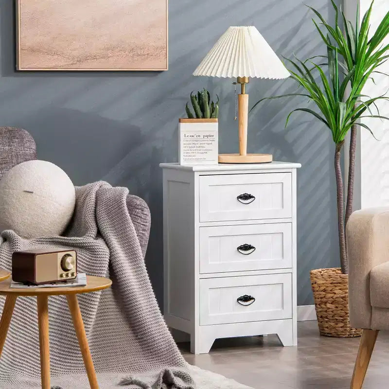 Table d'appoint Costway, chevet de chambre avec 3 tiroirs et glissière en bois, blanc