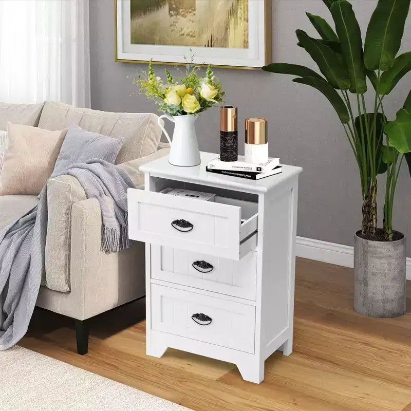 Table d'appoint Costway, chevet de chambre avec 3 tiroirs et glissière en bois, blanc