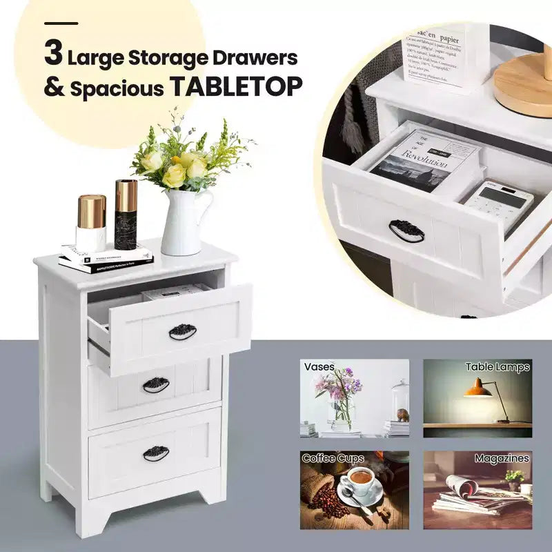 Table d'appoint Costway, chevet de chambre avec 3 tiroirs et glissière en bois, blanc