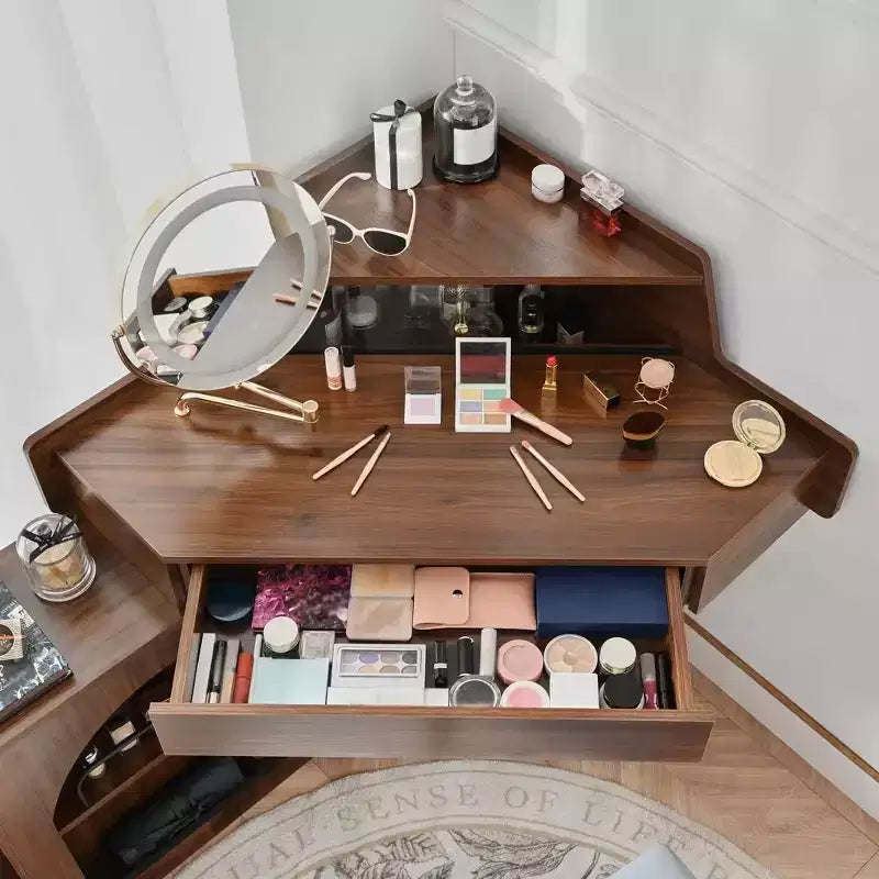 Coiffeuse d'Angle avec Miroir, Ensemble Moderne de Coiffeuse de Maquillage avec Tabouret et Armoire, Table de Maquillage en Bois avec Tiroirs pour Chambre à Coucher et Salle de Bain