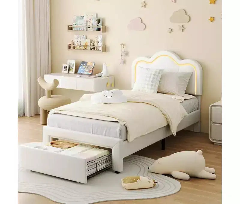 Cadre de lit double rembourré avec tête de lit réglable, cadre de lit plateforme en velours pour enfants/filles, lattes de bois, assemblage facile