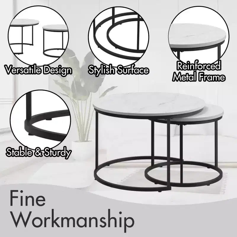 Tables basses gigognes (lot de 2), tables basses rondes de 70 cm avec plateau en motif marbre et cadre métallique robuste, tables d'appoint